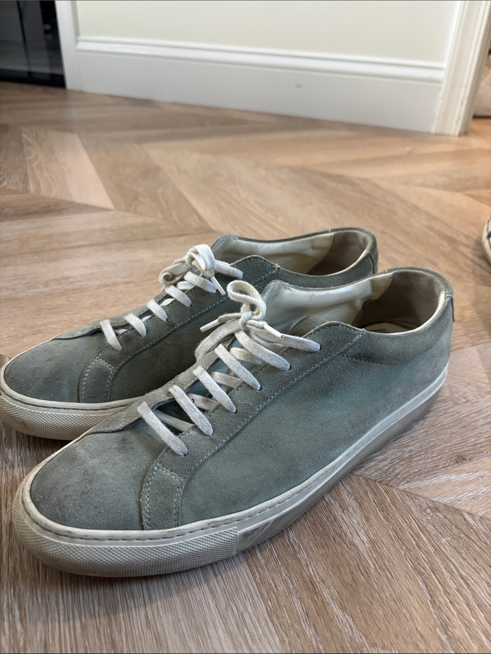 Common Projects Men's Suede Sneakers in Sage Green and Off-White